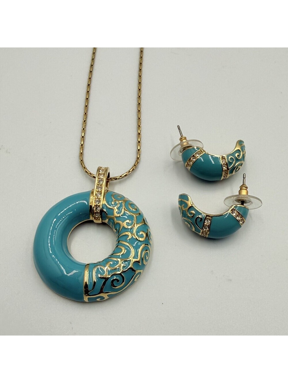 VTG Camrose & Kross JBK Kennedy Turquoise Enamel Crystal Necklace Earrings Set